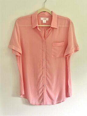 Joe Fresh 100% Silk Light Pink Button Down Short Sleeve Blouse Top Colorful L